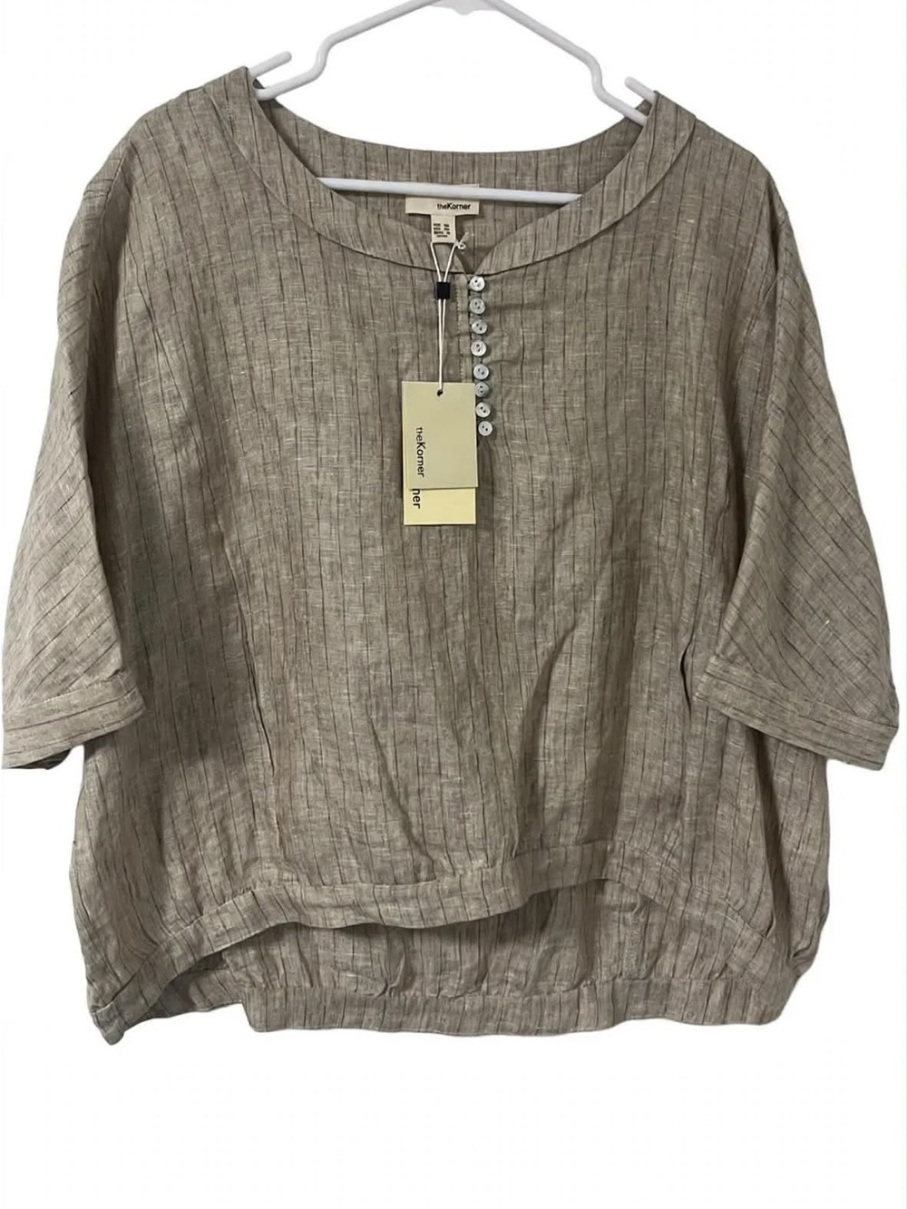 THE Korner NWT Beige Linen Pinstripe Top Style 22119120 Size M/L Balloon hem